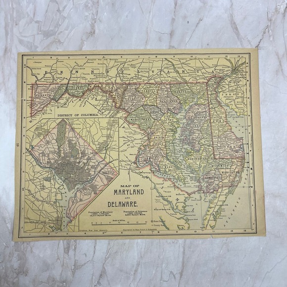 1899 Map of Maryland and Delaware 10x13 Original Tinted Map Engraving FL6-8 - Picture 2 of 2